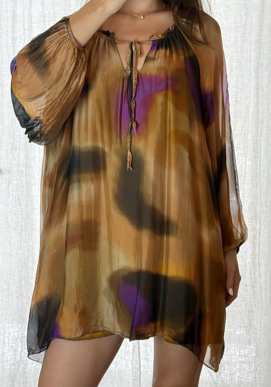 Brown & Purple Printed Boho Silk Blend Double Layered Tunic Dress L