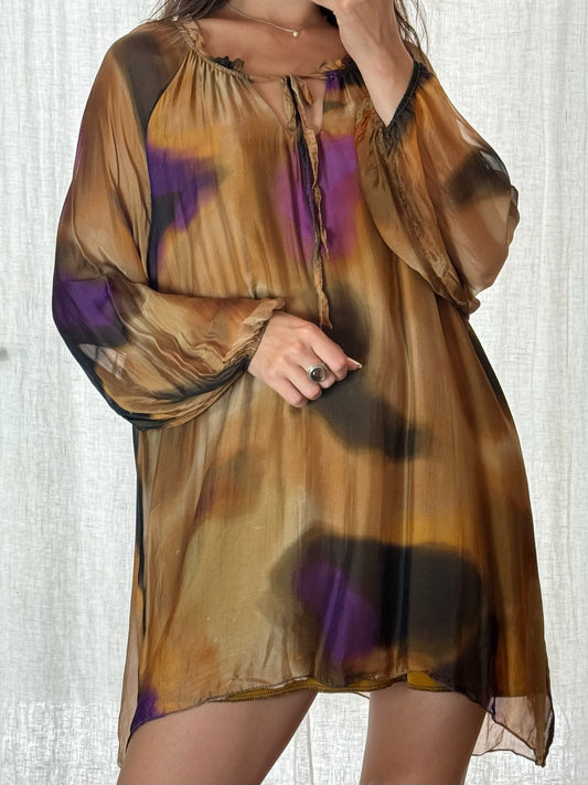 Brown & Purple Printed Boho Silk Blend Double Layered Tunic Dress L
