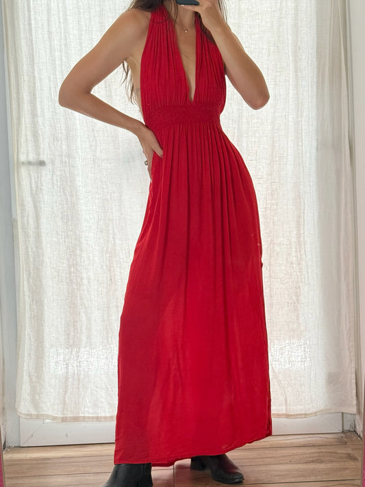 Bright Red Rayon Halter Maxi Dress S