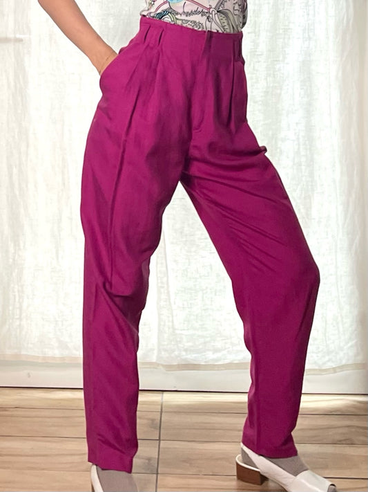 Vintage Linen Blend Fuchsia High Waisted Trousers S EU 36