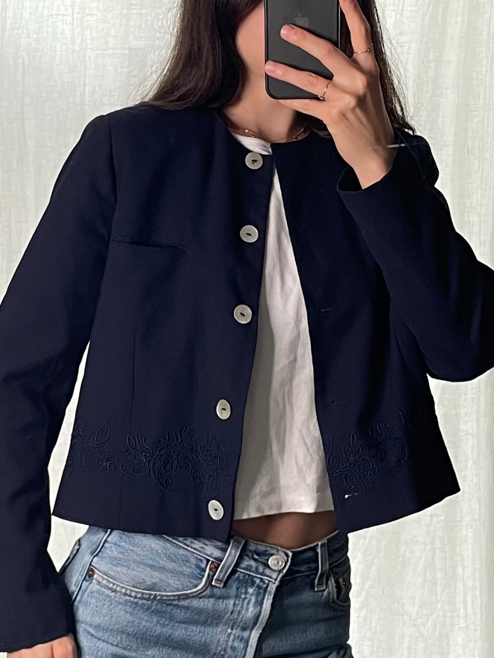 Vintage Navy Blue Embroidered Short Jacket S