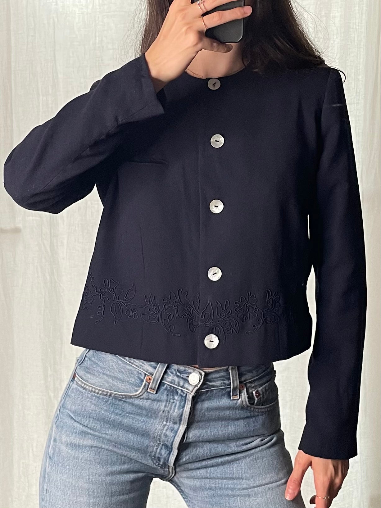 Vintage Navy Blue Embroidered Short Jacket S