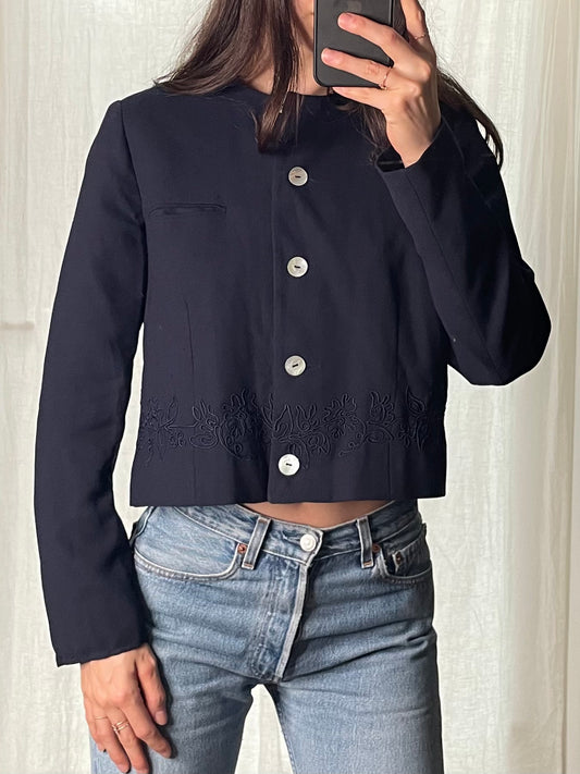 Vintage Navy Blue Embroidered Short Jacket S