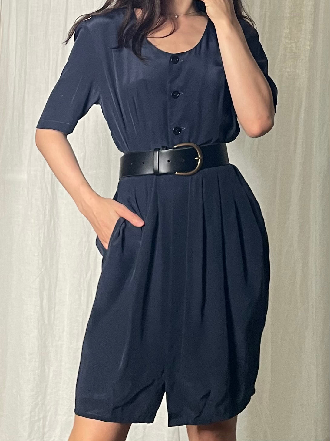 Vintage 100% Silk Navy Blue Knee Length Dress S/M