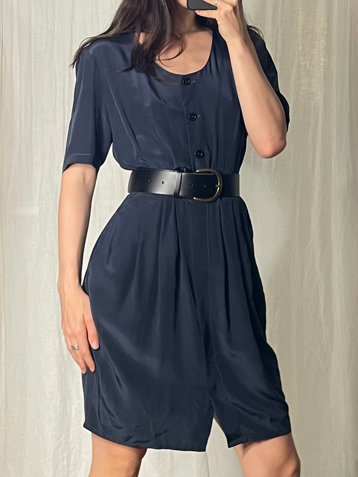 Vintage 100% Silk Navy Blue Knee Length Dress S/M