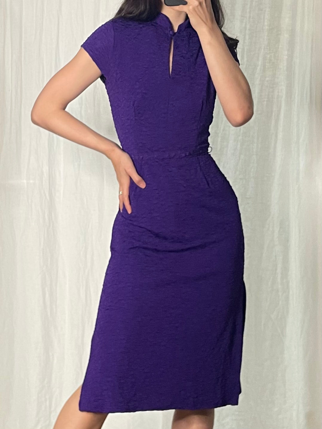 Vintage Purple Textured Stretchy Midi Dress S