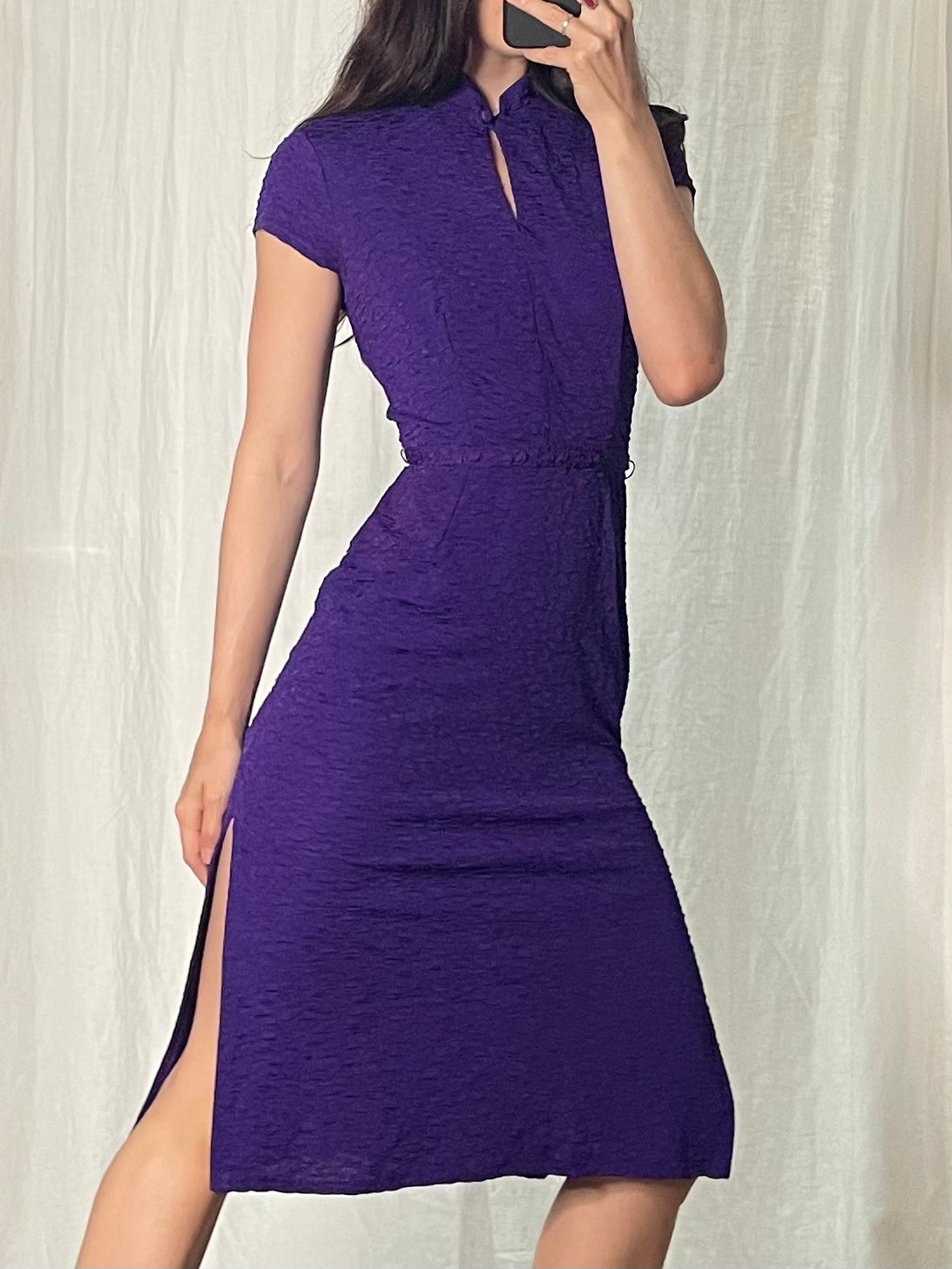 Vintage Purple Textured Stretchy Midi Dress S