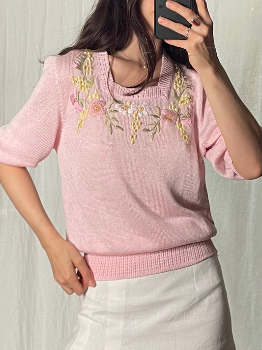 Vintage Baby Pink Floral Embroidery Short Sleeve Top S/M