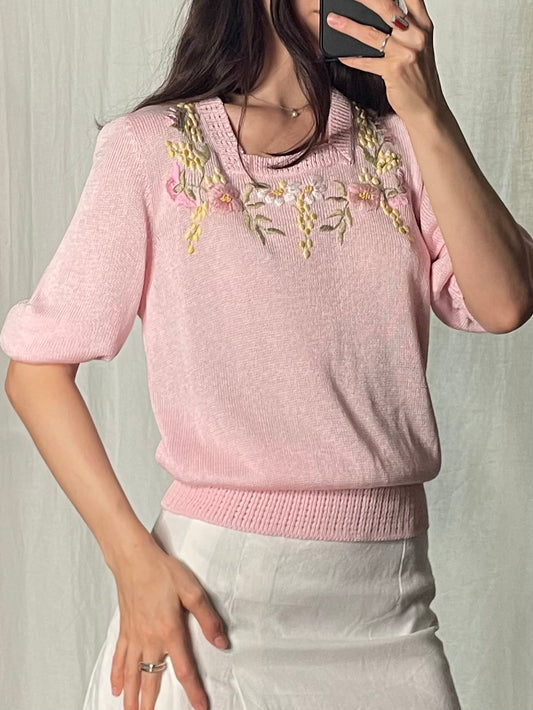 Vintage Baby Pink Floral Embroidery Short Sleeve Top S/M