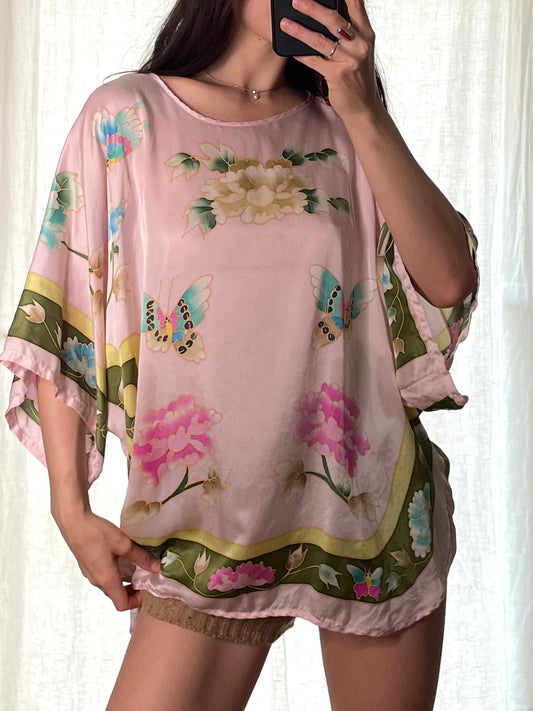 Vintage Silk Pastel Pink Butterflies & Flowers Tunic Top M