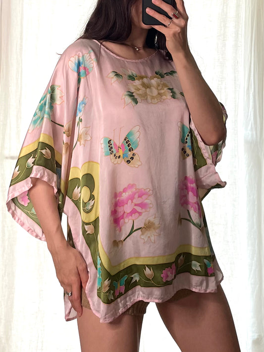 Vintage Silk Pastel Pink Butterflies & Flowers Tunic Top M