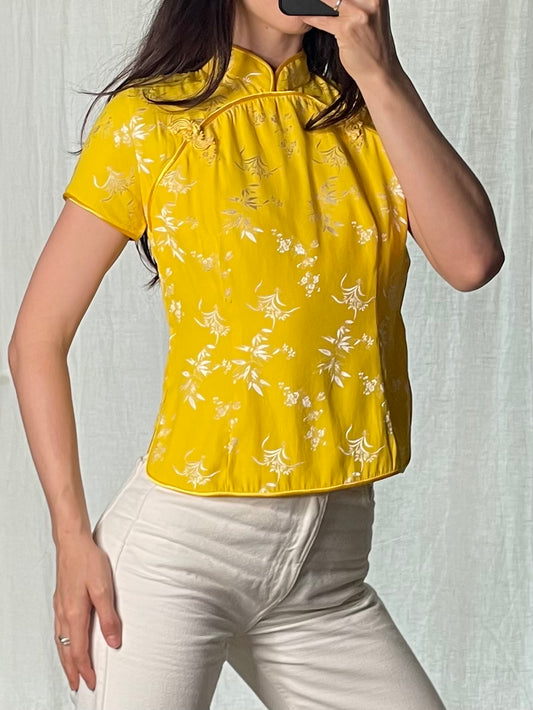 Vintage Bright Yellow & Silver Oriental Blouse S