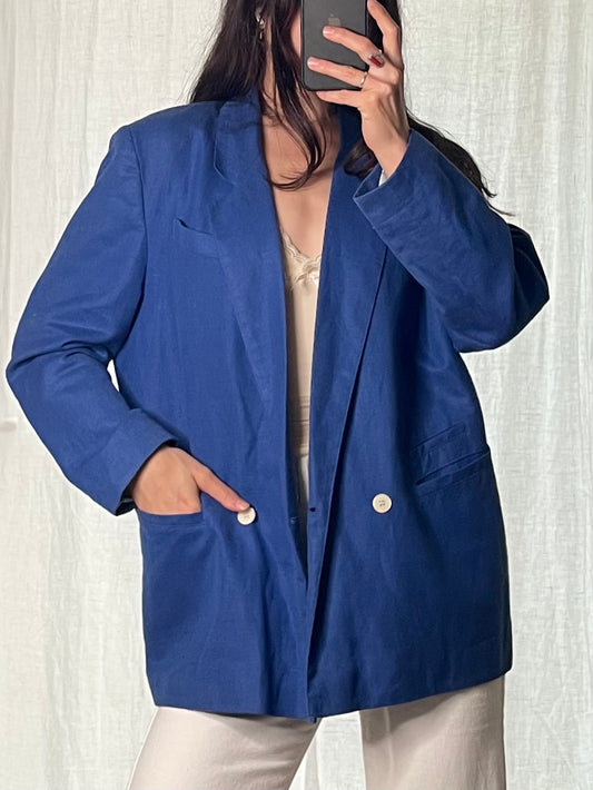 Vintage Royal Blue Linen/Cotton Blend Oversized Blazer M/L