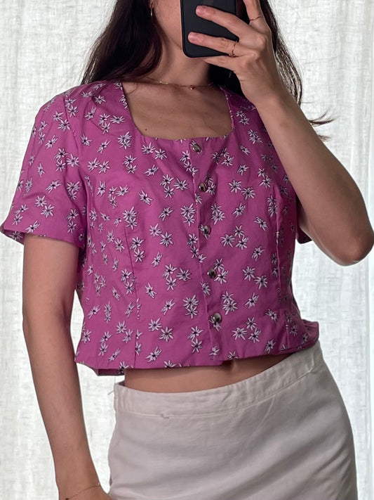 Vintage 100% Cotton Pink Floral Crop Top S/M