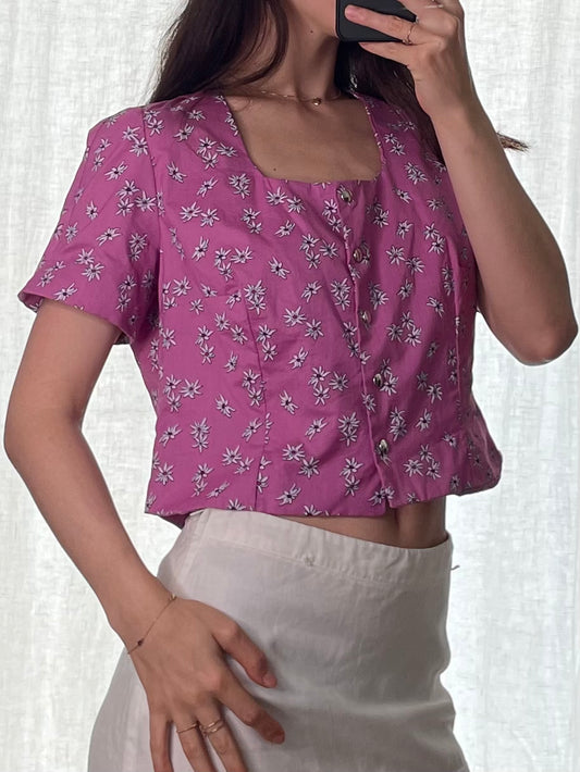 Vintage 100% Cotton Pink Floral Crop Top S/M