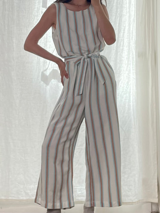 Striped White Linen Blend Midi Jumpsuit S/M