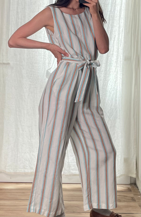 Striped White Linen Blend Midi Jumpsuit S/M