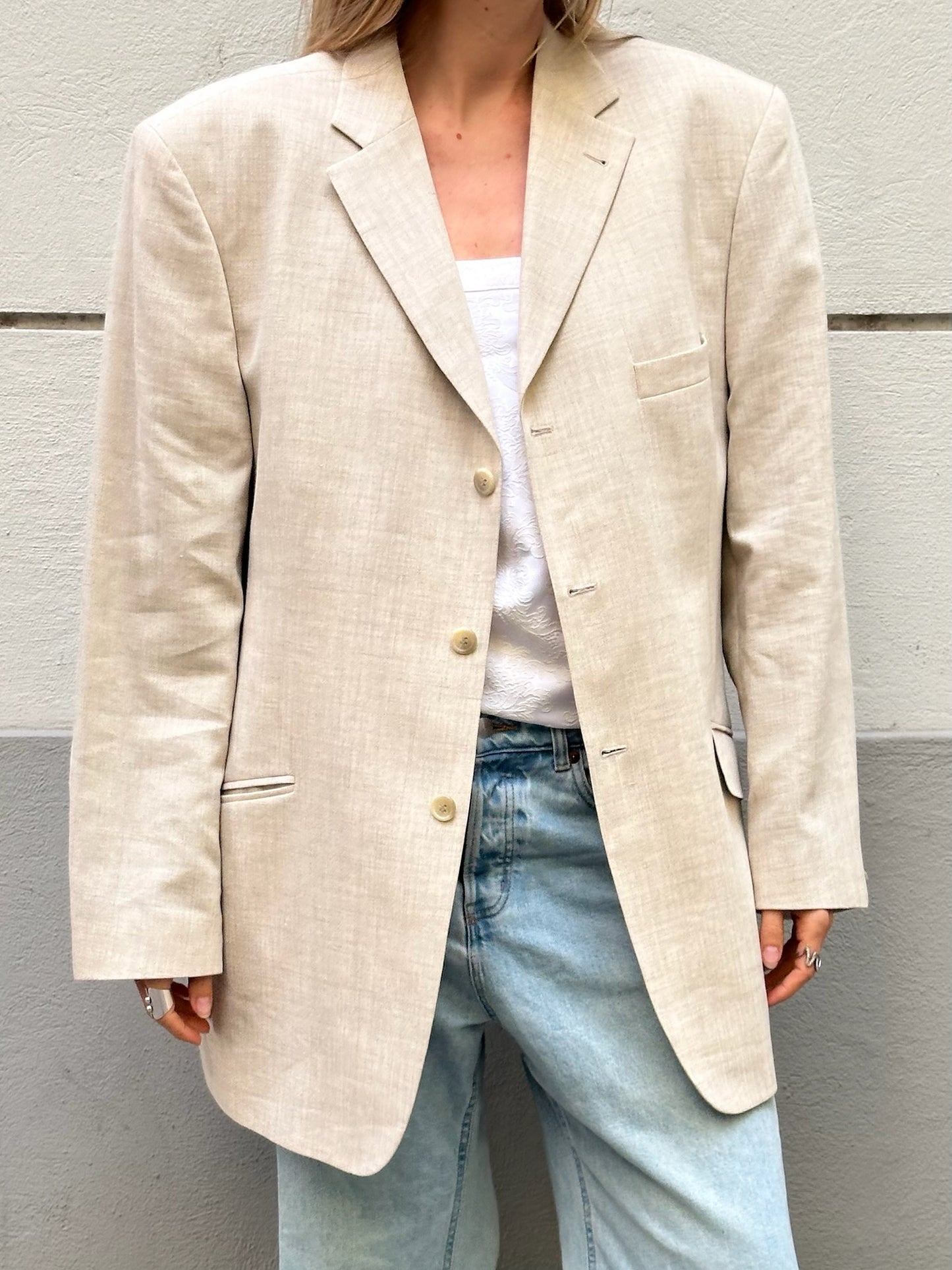 Vintage Linen Blend Oatmeal Beige Blazer Jacket XL