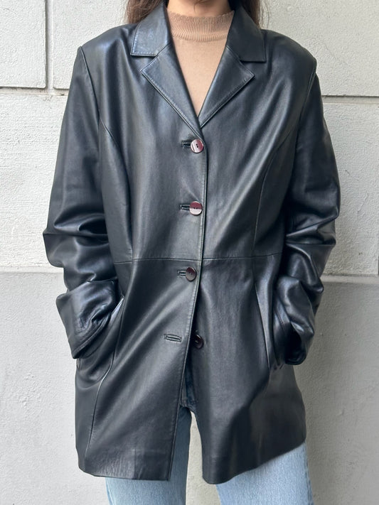 Vintage 100% Genuine Leather Black Blazer Jacket L EU 40