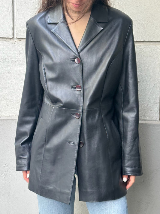 Vintage 100% Genuine Leather Black Blazer Jacket L EU 40