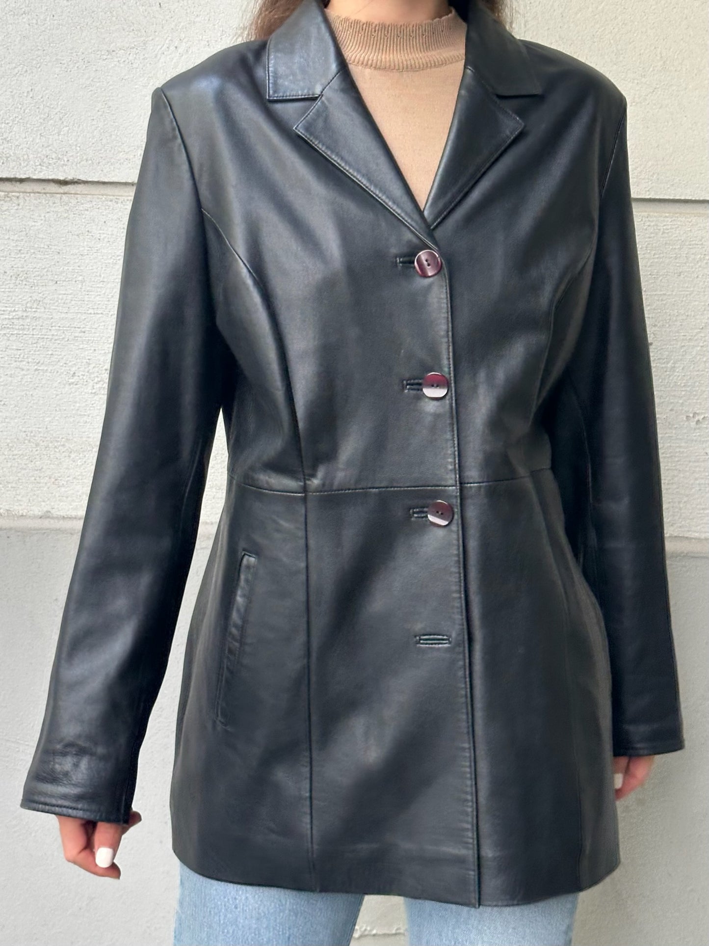 Vintage 100% Genuine Leather Black Blazer Jacket L EU 40
