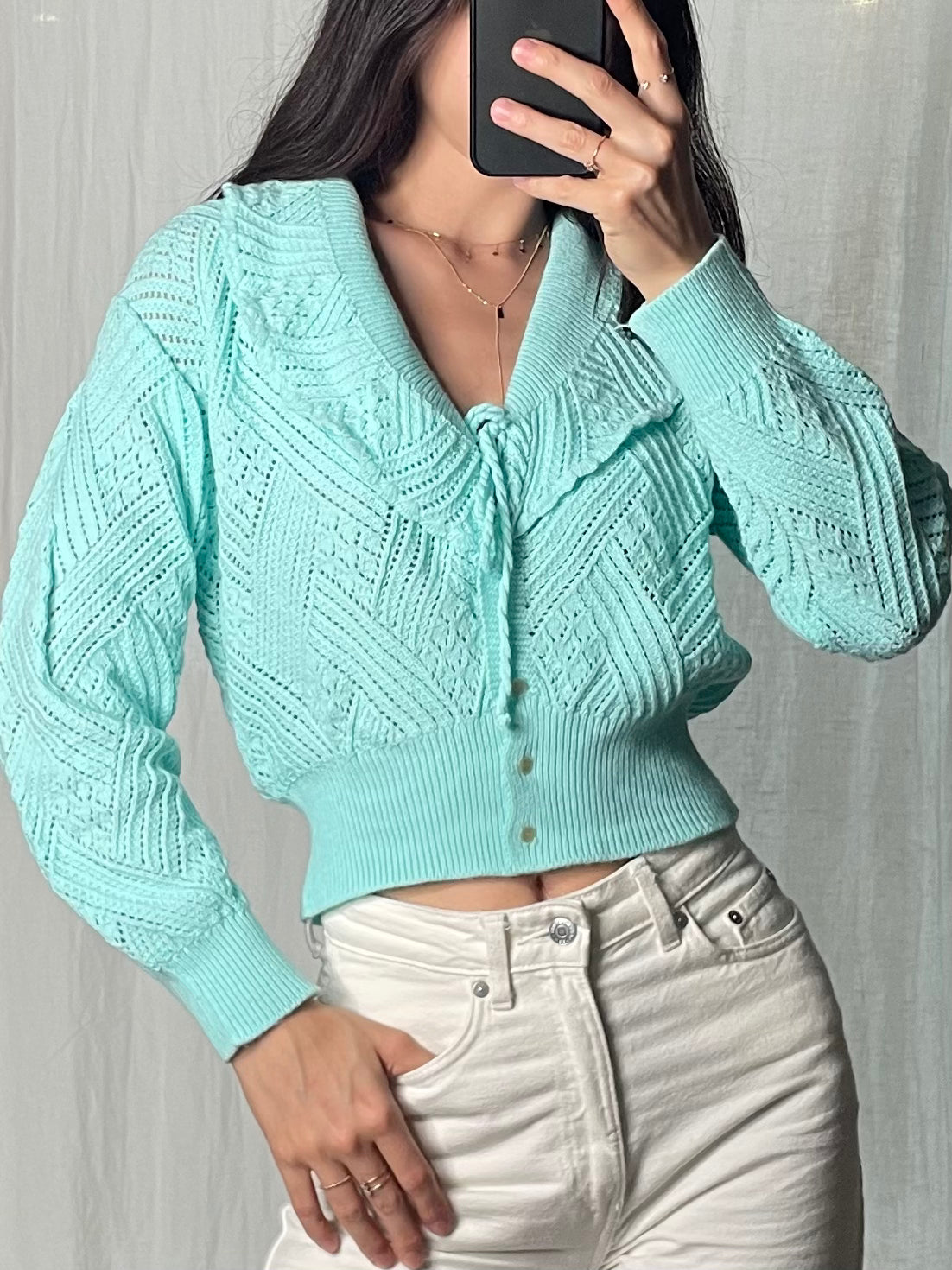 Vintage Turquoise Ruffled Cardigan Sweater S