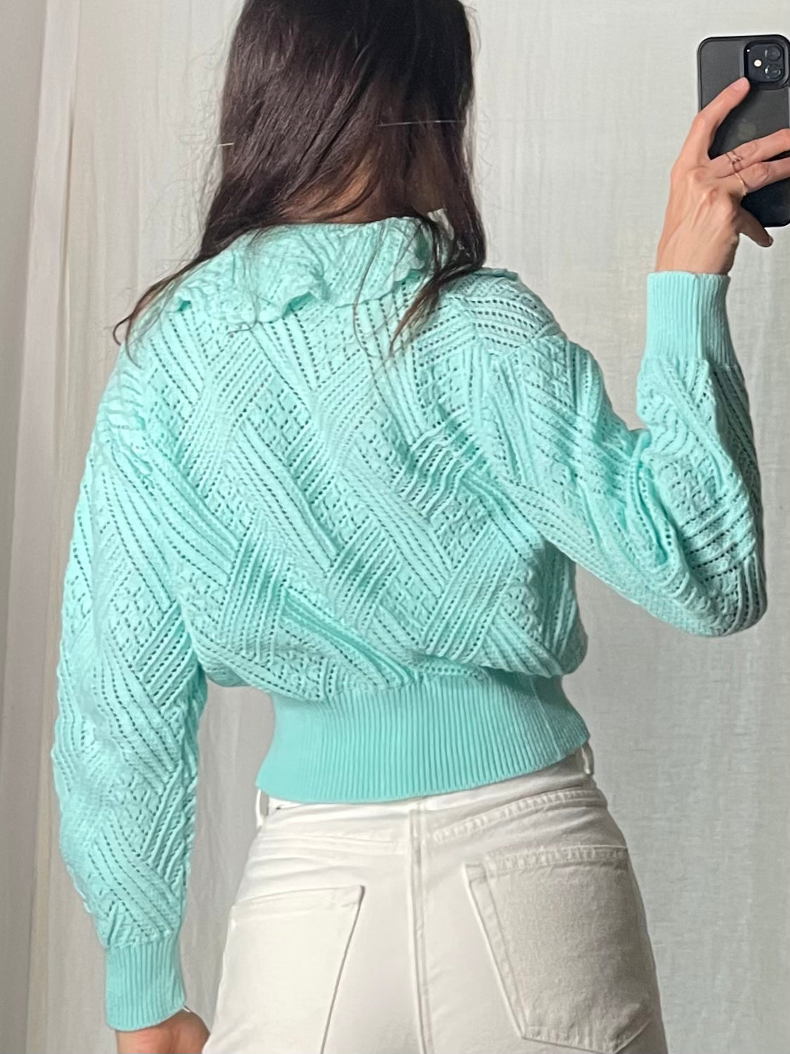 Vintage Turquoise Ruffled Cardigan Sweater S