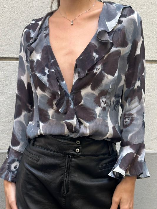 Vintage 100% Viscose Floral Frill Sleeve Button Down Blouse M