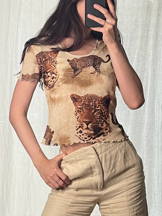 Vintage Mesh Leopard Short Sleeve Top S/M