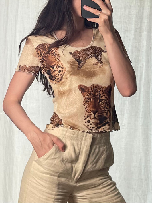 Vintage Mesh Leopard Short Sleeve Top S/M