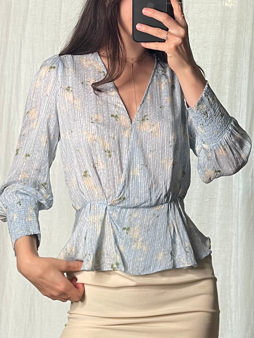 Baby Blue Floral Metallic Blouse S