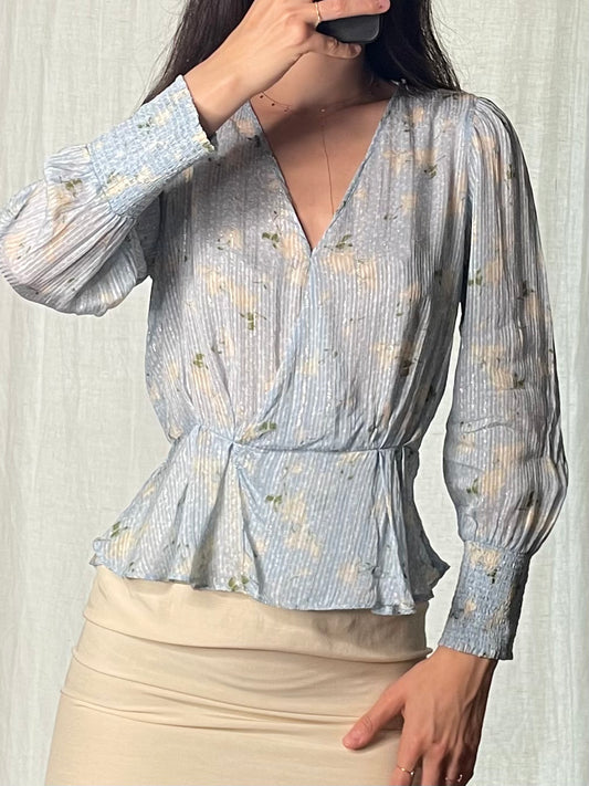 Baby Blue Floral Metallic Blouse S