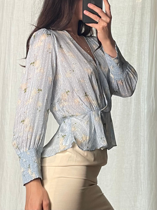 Baby Blue Floral Metallic Blouse S