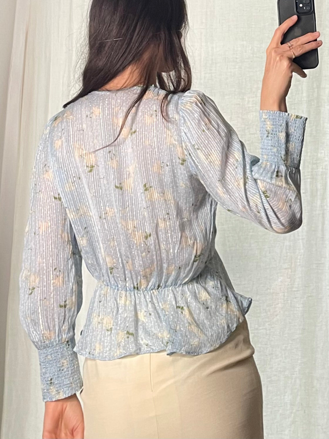 Baby Blue Floral Metallic Blouse S