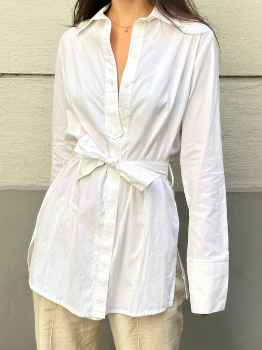 White 100% Cotton Belted Collared Blouse S/M