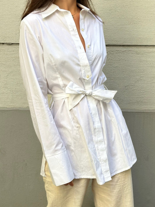 White 100% Cotton Belted Collared Blouse S/M