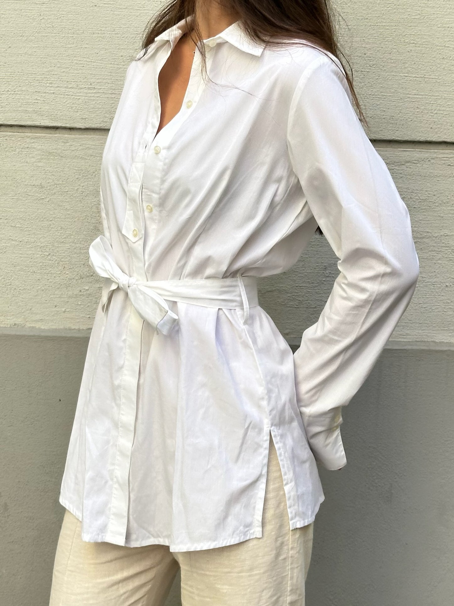 White 100% Cotton Belted Collared Blouse S/M