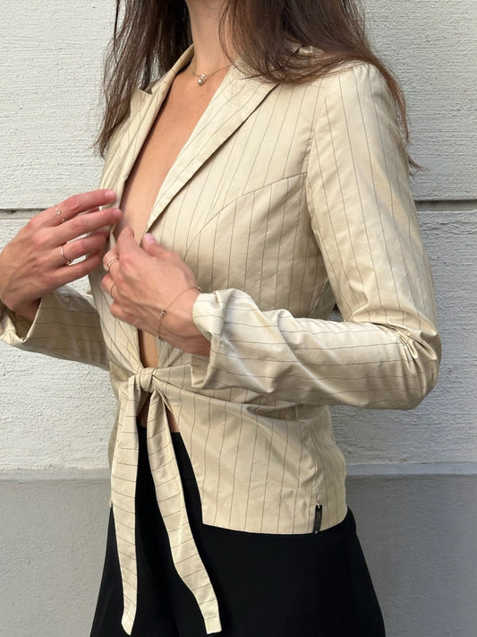 Vintage Sonja Kiefer Beige Pinstripe Blazer Top S