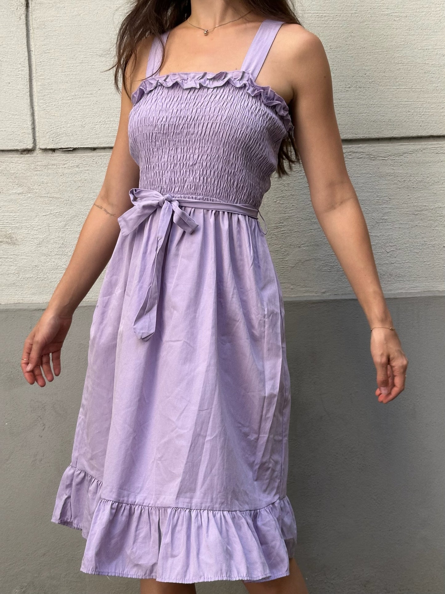 Ruched Lavender Midi Belted Dress S/M
