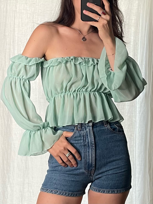 Light Turquoise Off The Shoulder Crop Blouse S
