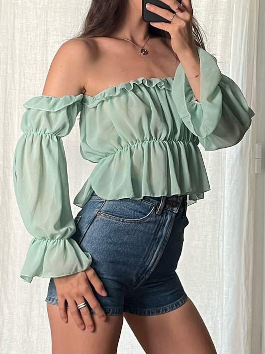 Light Turquoise Off The Shoulder Crop Blouse S