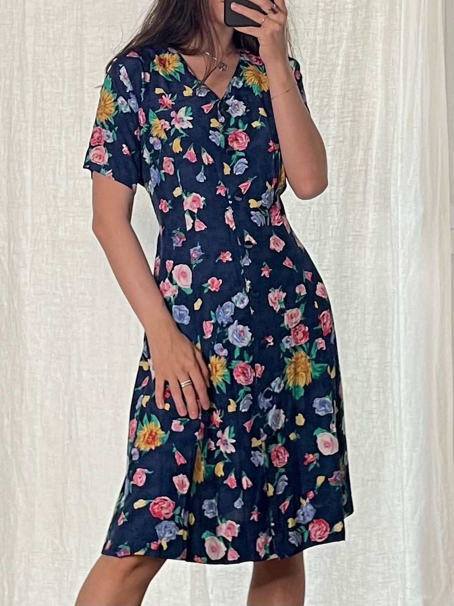 Vintage 100% Viscose Navy Floral Midi Dress M