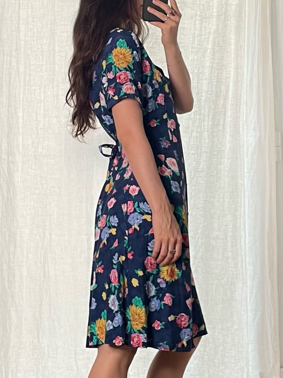 Vintage 100% Viscose Navy Floral Midi Dress M