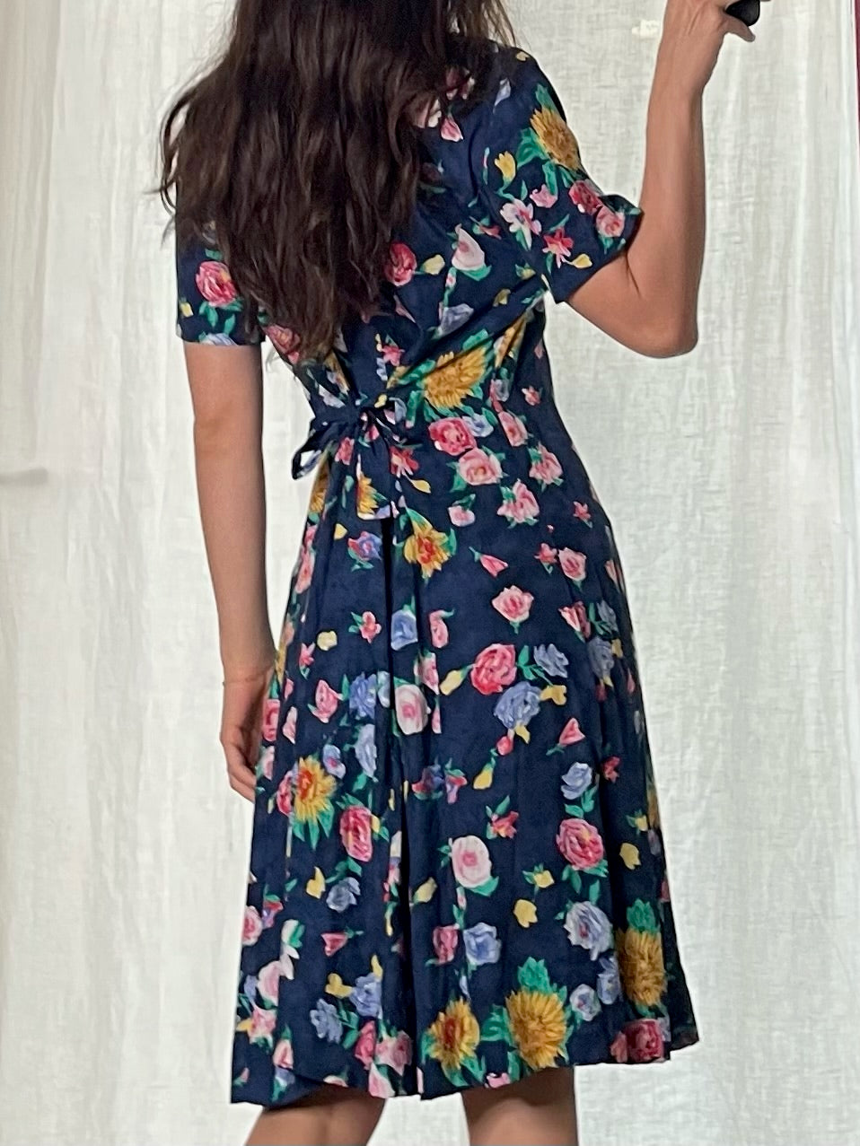 Vintage 100% Viscose Navy Floral Midi Dress M