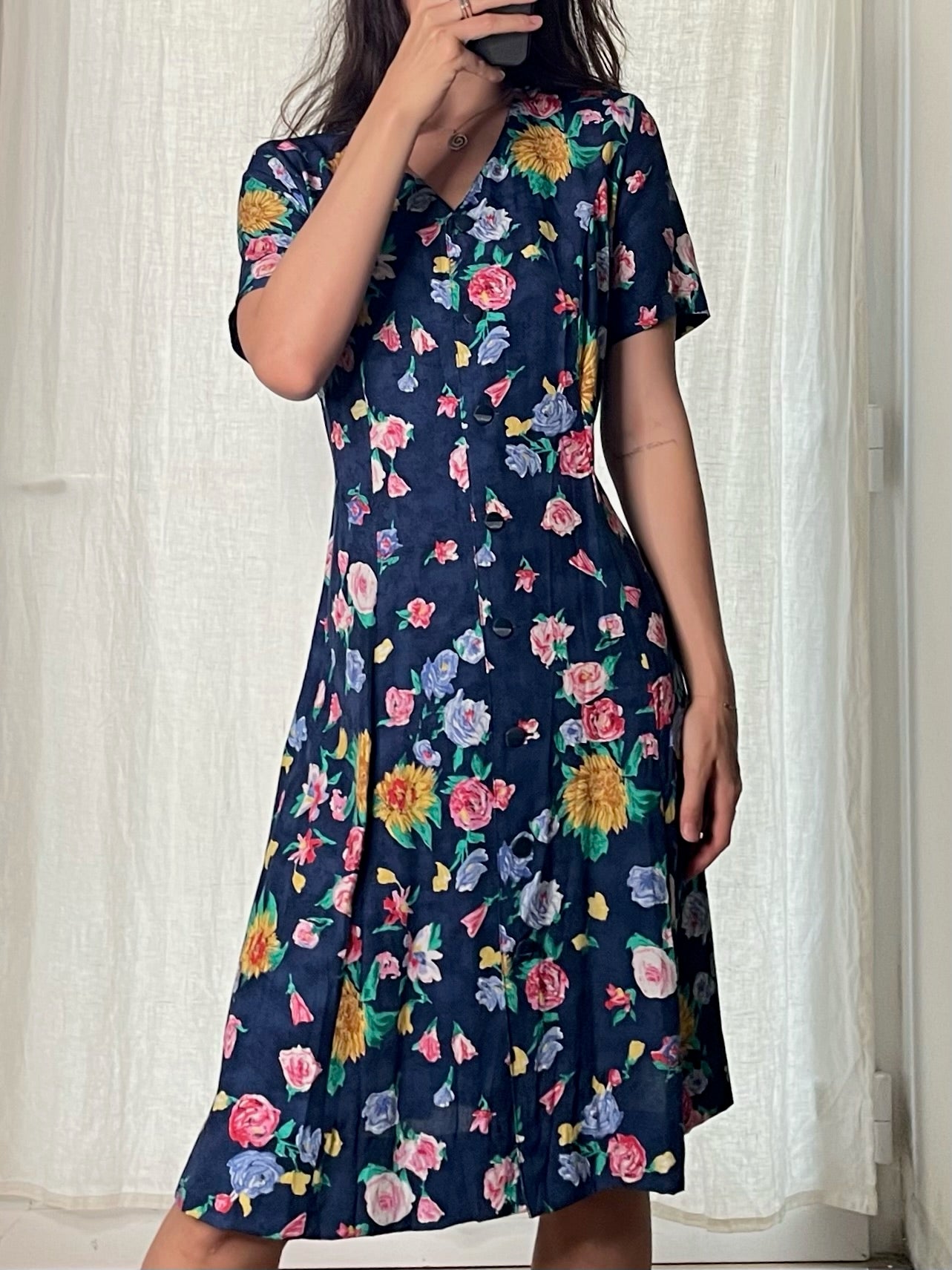 Vintage 100% Viscose Navy Floral Midi Dress M