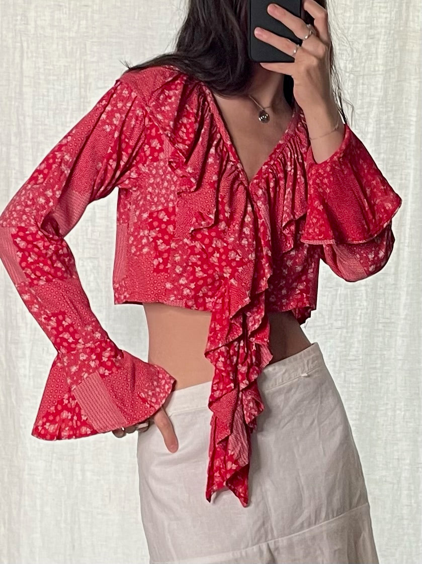 Red & White 100% Viscose Ruffled Cropped Blouse S