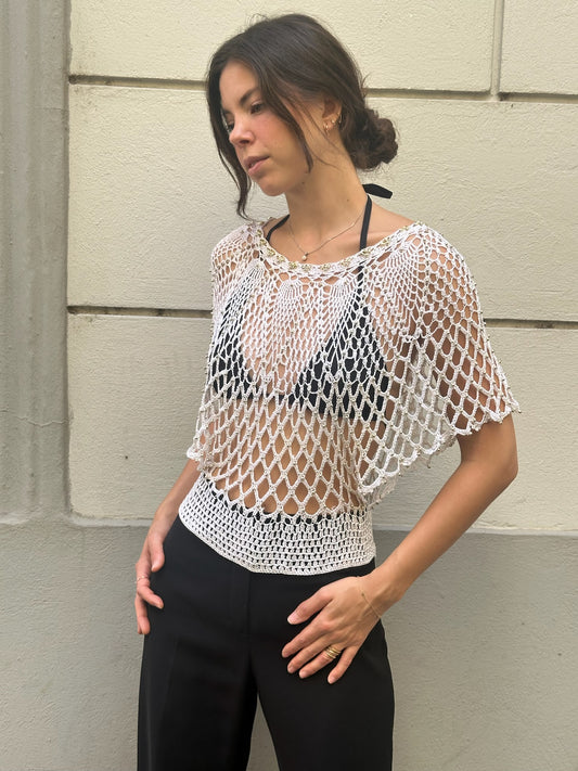 Vintage White Knitted Rayon Gold Beaded Crochet Top M