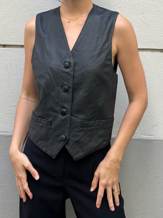 Vintage 100% Genuine Leather Black Gilet/Vest S/M