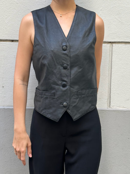 Vintage 100% Genuine Leather Black Gilet/Vest S/M