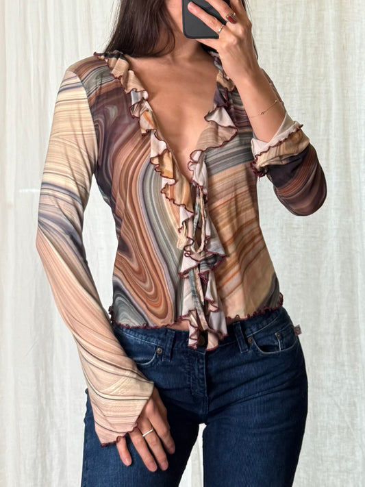 Vintage Ruffle Mesh Stretchy Long Sleeve Top S